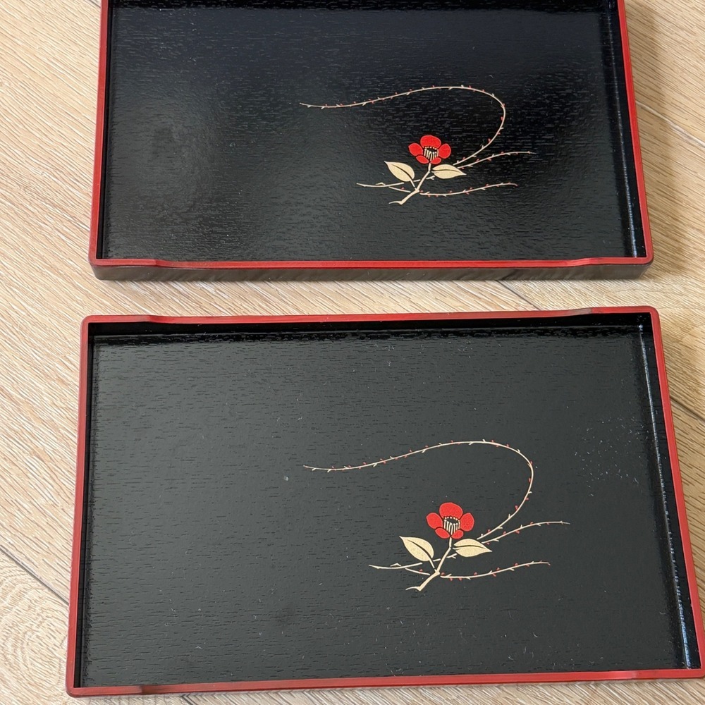 Vintage Japanese Lacquerware Trays Set of 2 Black Red Camellia Flower 9.5" x 6"